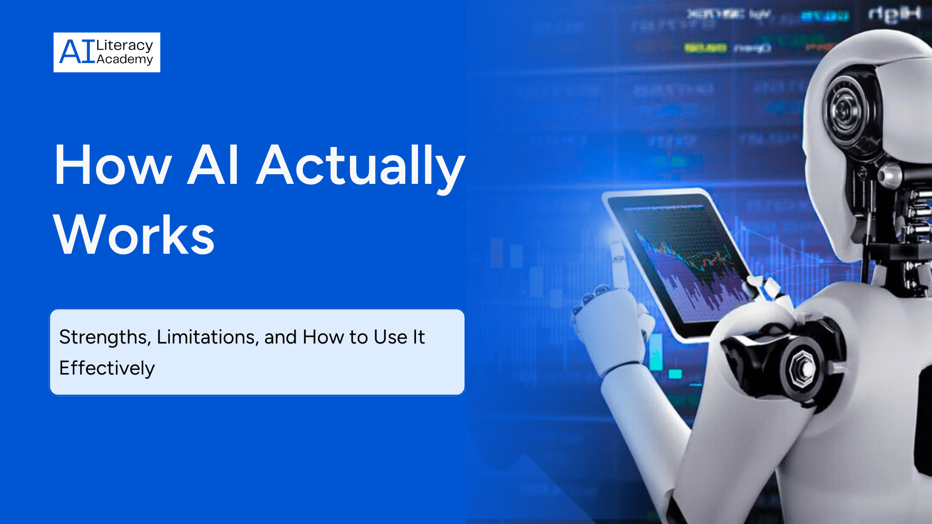 Diagram showing how AI works through pattern recognition, with its strengths and limitations