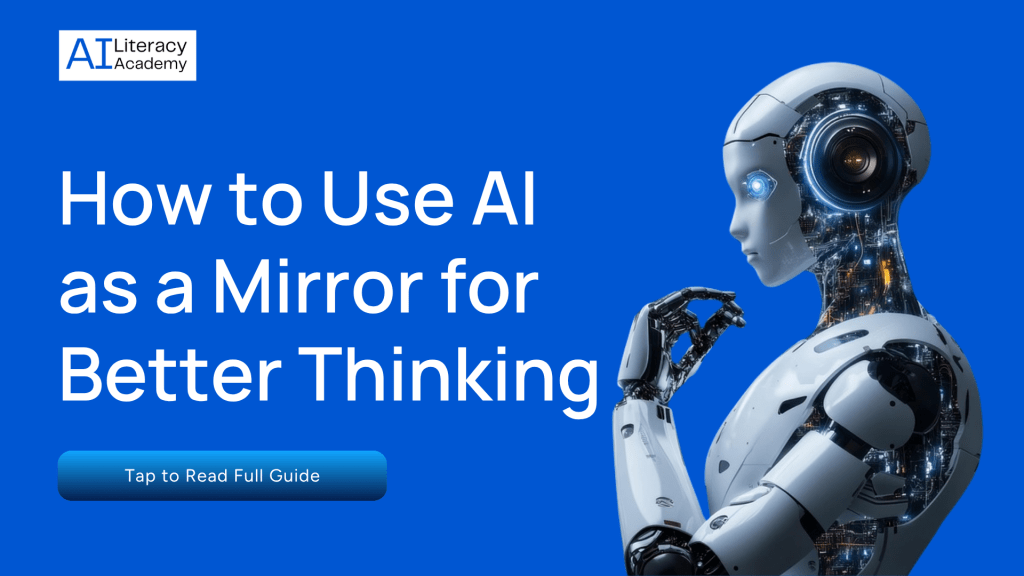 A Robot standing in a position similar to a human thinking signaling how AI is a mirror for better thinking to improve and get more self-awareness.