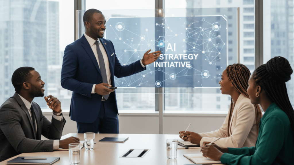 Business leader introduce AI to team during workplace training session.