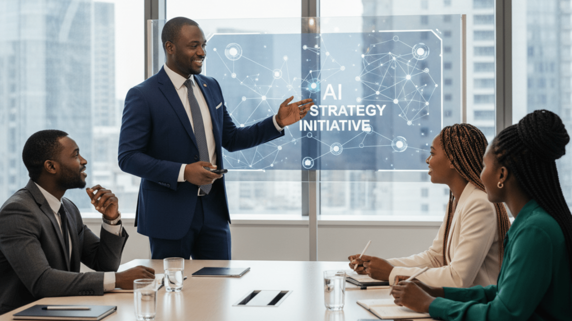 Business leader introduce AI to team during workplace training session.