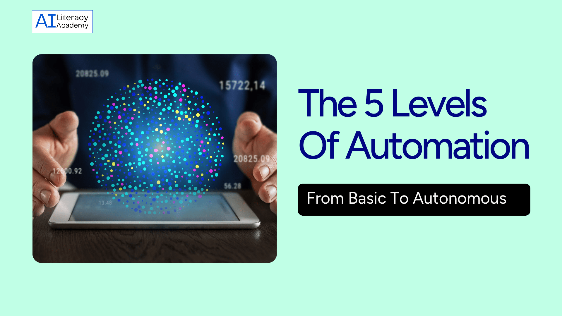 Glowing levels of automation representing the 5 levels of AI automation from basic assistance to full autonomy.