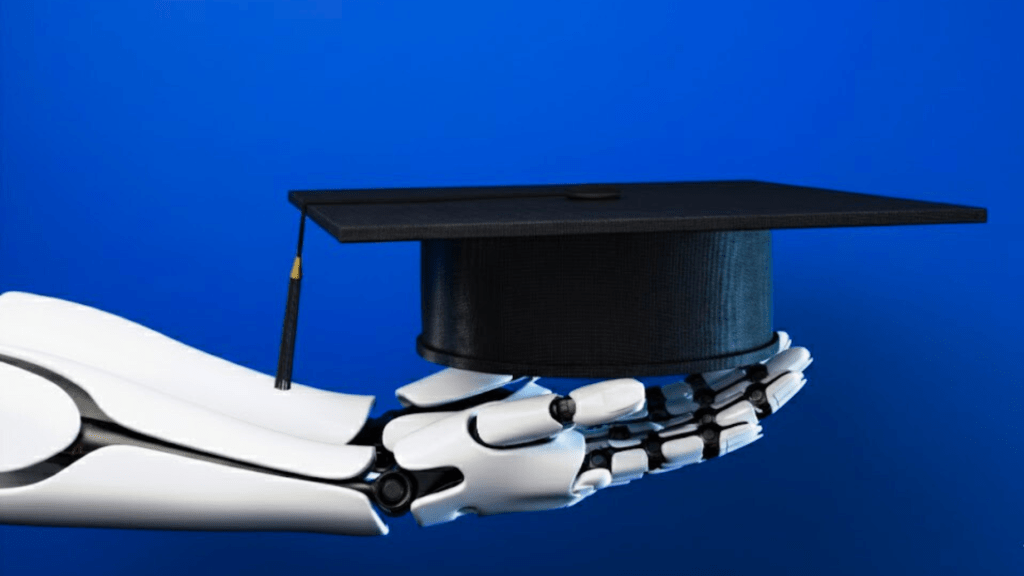 A robotic hand holding a graduation cap, representing AI Literacy Academy Cohort 4 and the fusion of technology with education.