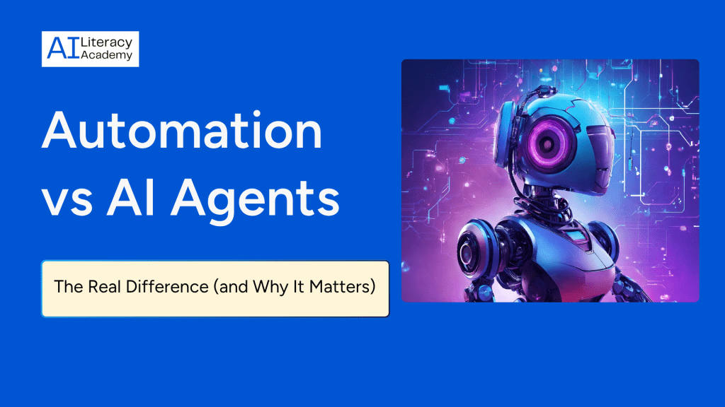 Illustration comparing automation and AI agents, gears vs neural network representing process vs intelligence