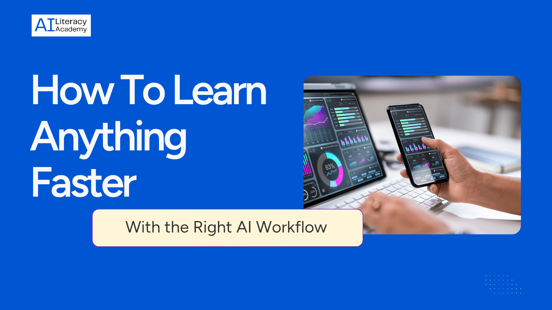 Person learning new skills with AI tools and visual workflow icons representing faster, smarter learning processes.
