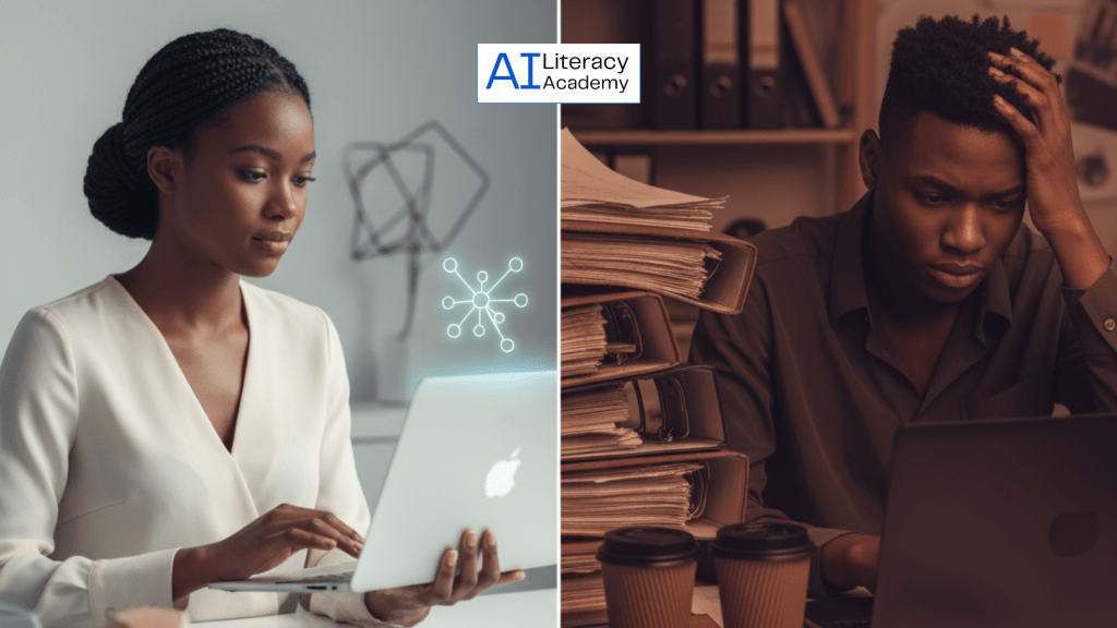 Professional thriving with AI tools contrasted with another feeling overwhelmed, symbolizing different levels of AI confidence and adaptation.