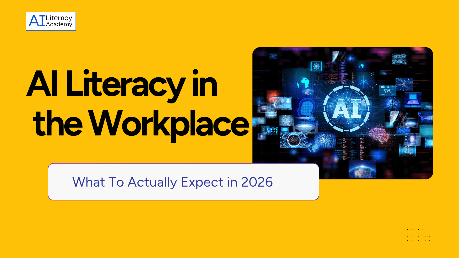 Illustration showing professionals working alongside AI tools, representing AI literacy in the workplace in 2026
