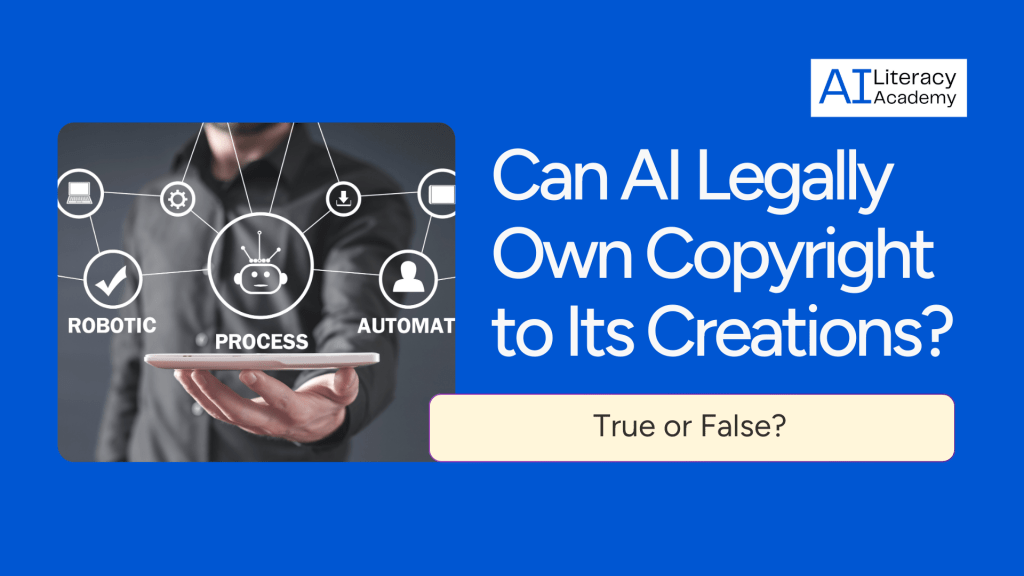 Illustration explaining whether artificial intelligence can legally own copyright to its creations.