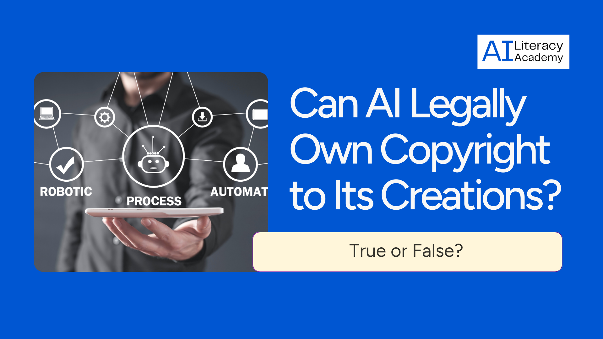 Illustration explaining whether artificial intelligence can legally own copyright to its creations.